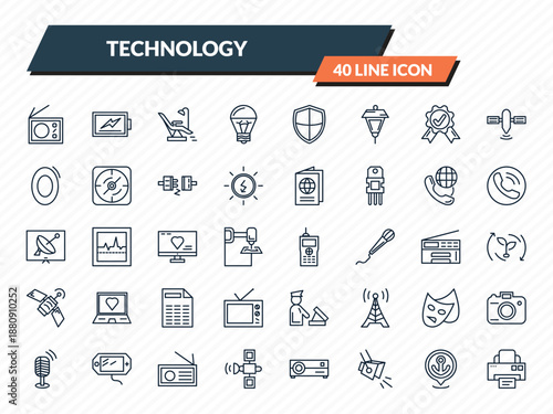 technology icons set - radio with antenna, battery level, operating table, dock, printing outline vector collection.
