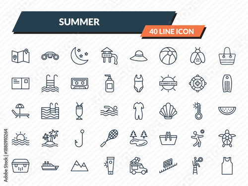 summer icons set - travel guide, sea scooter, moon, life guard, sleeveless outline vector collection.