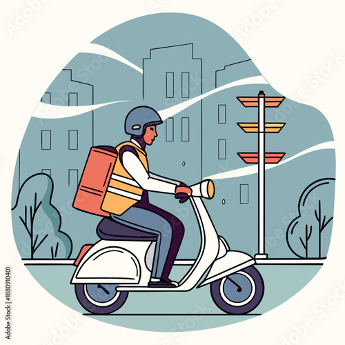 Delivery rider on white scooter wearing helmet and yellow vest
