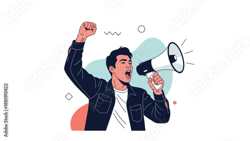 Expressive illustration of a young man shouting through a megaphone with a raised fist symbolizing protest and activism.