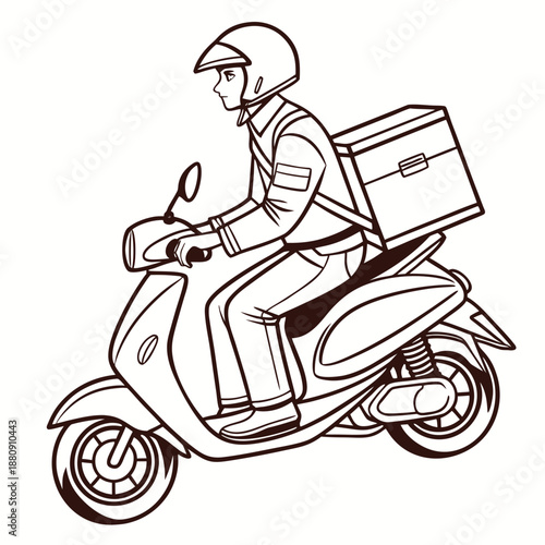 Brown line of delivery person on scooter with box motor scooter