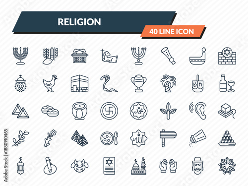 religion icons set - big menorah, four species, ark of the convenant, rabbi, dharma outline vector collection.