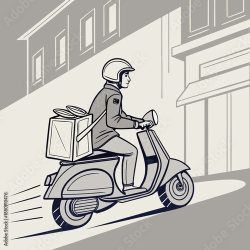 Delivery rider on scooter with food box speeding down city street