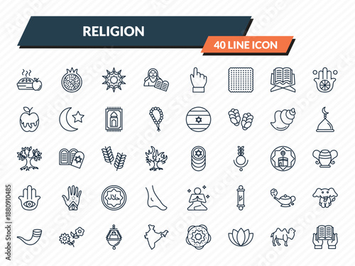 religion icons set - cake, half pomegranate, arabic art, dromedary, reading quran outline vector collection.