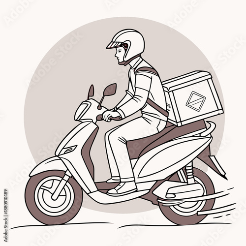 Delivery person riding scooter with package rider helmet