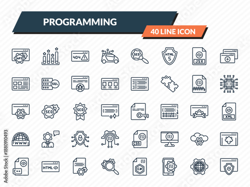 programming icons set - api, seo ranking, error 404, cyberspace, authorize outline vector collection.