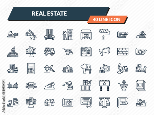 real estate icons set - for rent, sold, office building, for sale, modern house outline vector collection.