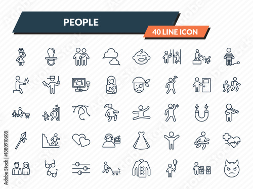 people icons set - woman carrying, baby pacifier, man hugging, validating ticket, devil head with horns outline vector collection.