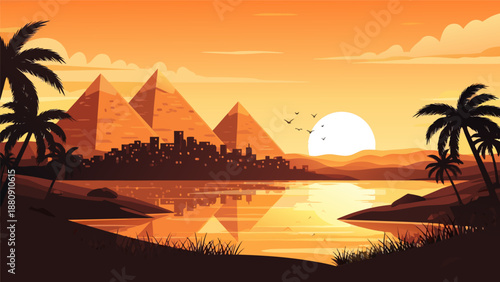 Iconic Egyptian Pyramids at Sunset Vector Illustration with Palm Trees and Nile River Scene