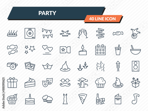 party icons set - skewer, dj playing records, party flags, birthday card, big quaver outline vector collection.