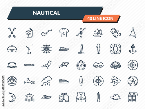 nautical icons set - double paddle, snorkel, pipe, fish, double air tank outline vector collection.