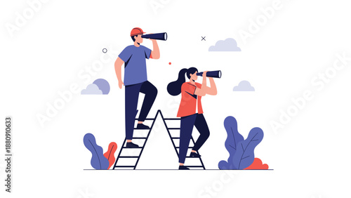 Two adventurous people standing on ladders using binoculars to search or scout in a conceptual business illustration.