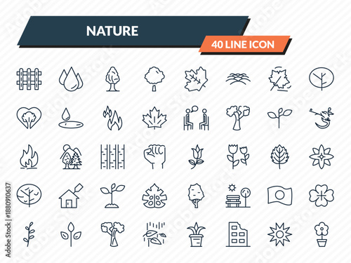 nature icons set - picket fence, raindrop, black ash tree, sun flare, daisy on pot outline vector collection.