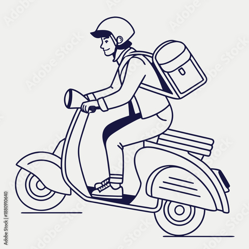 Courier riding scooter with delivery bag rider helmet