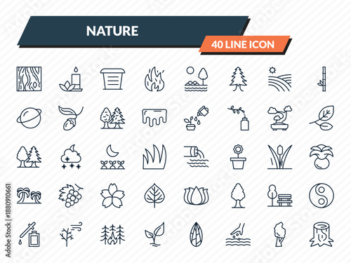 nature icons set - wood board, flower therapy, flowerpot, black birch tree, trunk outline vector collection.