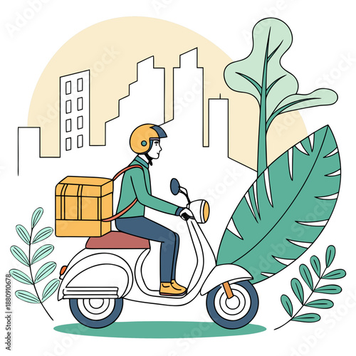 Courier riding white scooter with yellow helmet and package