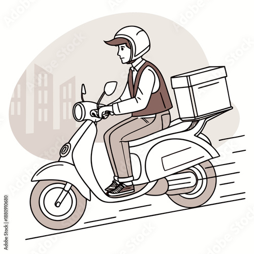 Delivery person riding scooter with package rider city