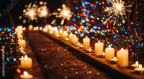 Wallpaper Mural Row of lit candles and colorful string lights with sparklers in background for Dussehra celebration. Traditional Indian festival decoration for Hindu holiday. Torontodigital.ca