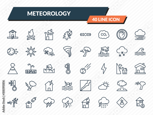 meteorology icons set - earthquake and home, woods on fire, broken house, volcano warning, flooded home outline vector collection.
