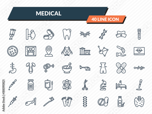 medical icons set - crutches couple, adrenal gland, medicine capsules, syrup medicine bottle, thyroid gland outline vector collection.
