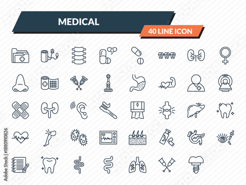 medical icons set - medical records, blood pressure, spinal column, crutch, implants outline vector collection.
