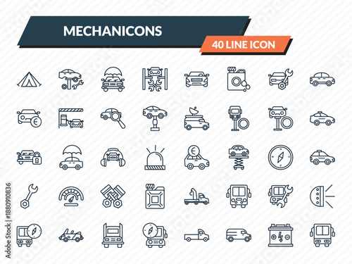 mechanicons icons set - triangular tent, car tire change, car with an umbrella, car battery, bus front view outline vector collection.