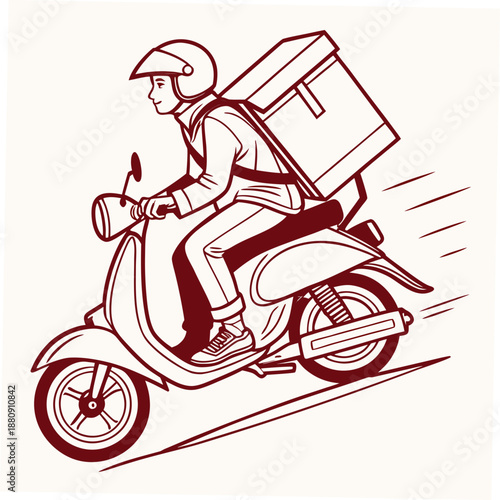 Red of scooter delivery rider with large box helmet