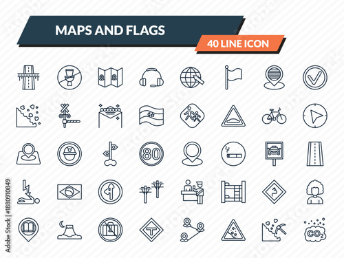 maps and flags icons set - flyover bridge, no toileting, maps and flags, mining work zone, co2 outline vector collection.