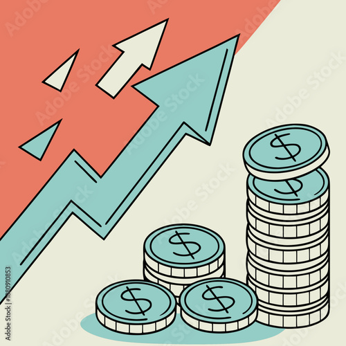 Financial contrast using opposing arrows and coins