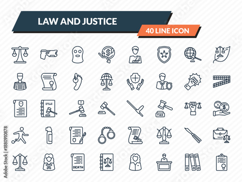 law and justice icons set - justice scale, electroshock weapon, balaclava, practise areas, policy outline vector collection.
