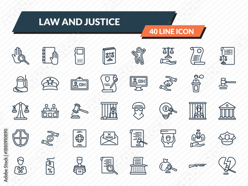 law and justice icons set - evidence, law and justice, recorder, shotgun, divorce outline vector collection.