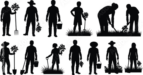 Silhouettes of people gardening and planting with tools and plants gardening tools