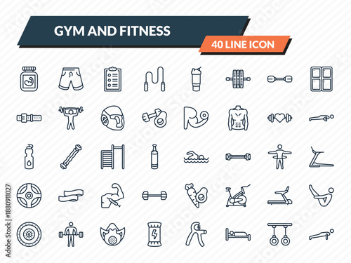 gym and fitness icons set - phytonutrients, fitness shorts, to do list, gymnastic rings, push up outline vector collection.