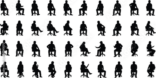 Silhouettes of people sitting on office chairs in various poses