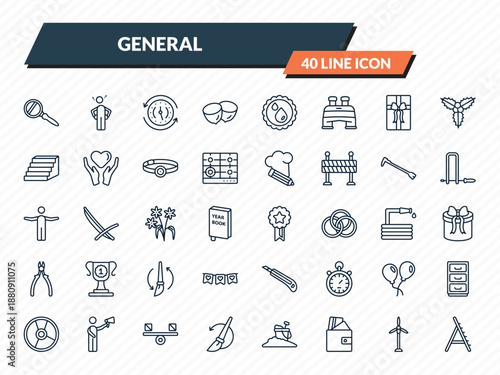 general icons set - magnifiying glass, poor, clockwise, renewable energy label, stepladder outline vector collection.