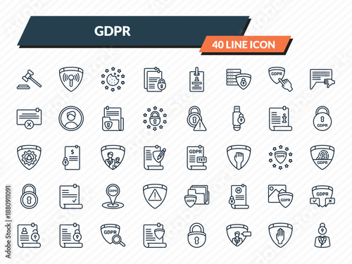 gdpr icons set - auction, communications, cookie, right to objection, person outline vector collection.