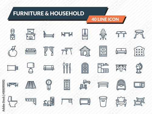 furniture & household icons set - water dispenser, fireplace, sleigh bed, fauteuil, pillows outline vector collection.