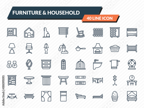 furniture & household icons set - cupboard, dog, carpet sweeper, cactus, canopy bed outline vector collection.