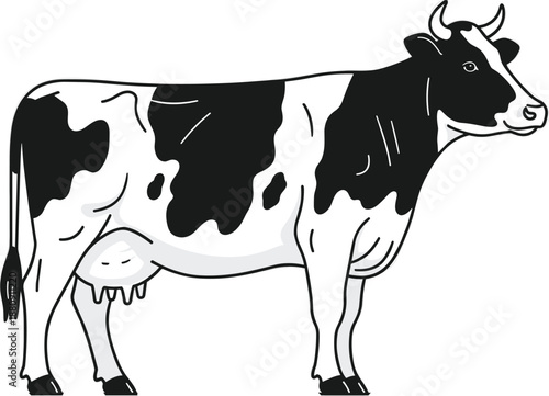 Black and White Vector Illustration of a Spotted Dairy Cow Standing Isolated on White Background for Farm Agriculture Milk Production and Livestock Branding Designs
