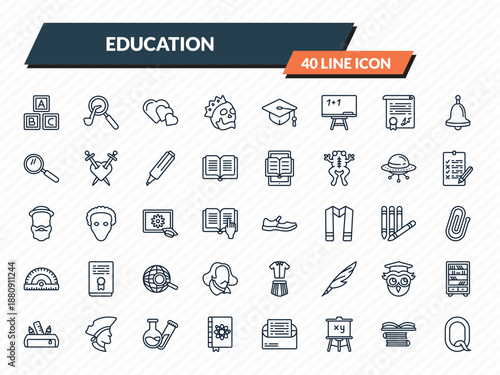 education icons set - abc, sherlock holmes, love, books, letter outline vector collection.