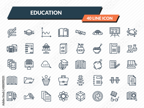 education icons set - is not an element of, arrange, sinusoid, book and glasses, book and magnifier outline vector collection.