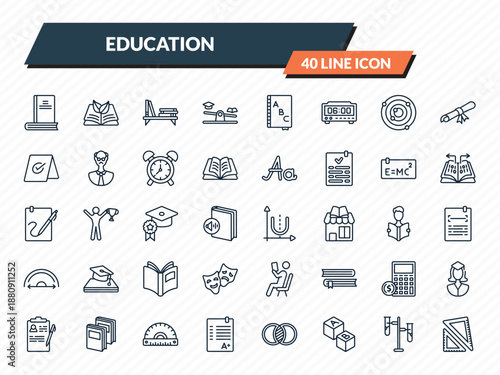 education icons set - hardbound book variant, eco book, book shelf, tube, square school tool outline vector collection.