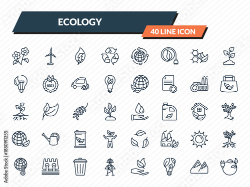 ecology icons set - two flowers, wind mills, eco energy, snowy mountains, eco plug outline vector collection.