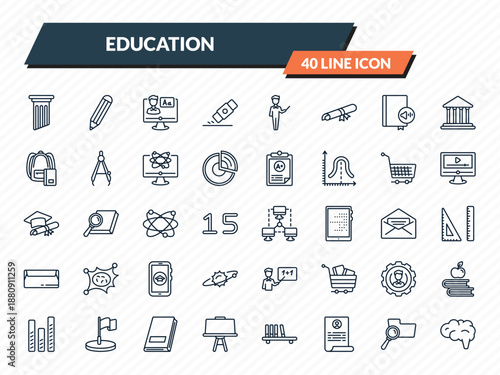 education icons set - greek pillar, geometric pencil, online class, searching files, human brain outline vector collection.