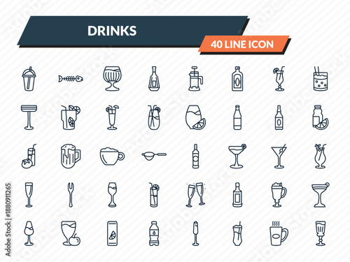 drinks icons set - coffee bean, fish skeleton, brandy glass, boiling, absinthe outline vector collection.