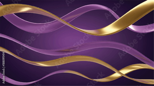 A digital art composition featuring flowing metallic gold ribbons against a deep purple background 