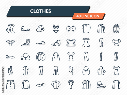 clothes icons set - women socks, flat shoes, men hat, wool boots, long sleeves t shirt outline vector collection.