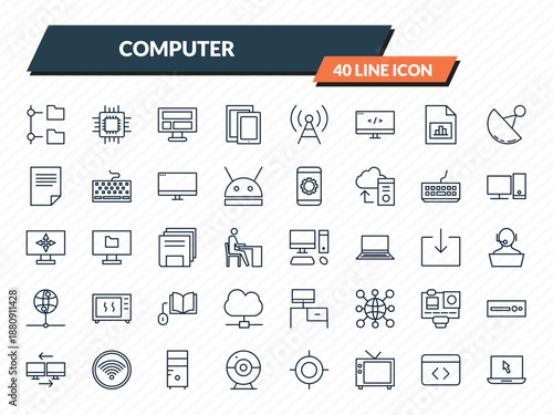 computer icons set - connected folder data, computer chip, computer and monitor, develope, open laptop on outline vector collection.