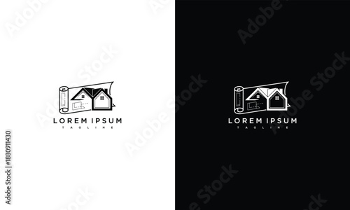 Minimalist logo design on dual white and black background showcasing simple, abstract house outline