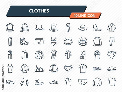 clothes icons set - pullover, turtleneck, bra, parka, t shirt outline vector collection.